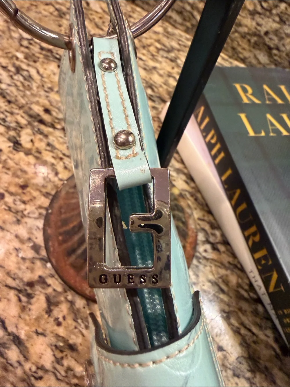 G by Guess light blue Patent Heart-Clasp Wristlet